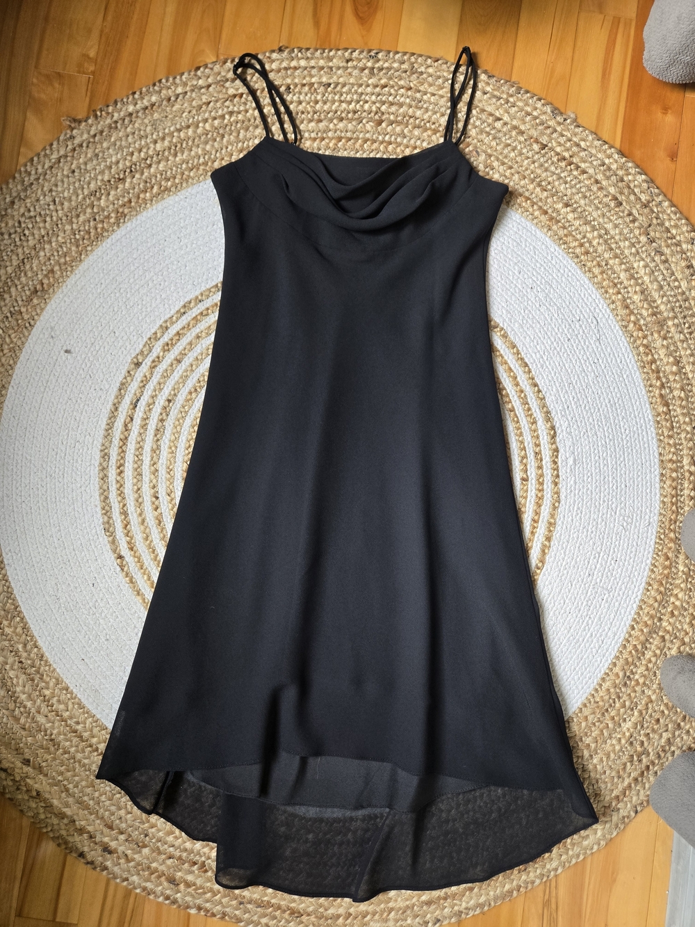 Vintage 90s Black High-Low Cowl Neck Slip Dress Spaghetti Straps Minimalist